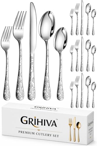 Image of 20 Pcs Silver Floaral Stainless Steel Cutlery Set for Dining Table with Spoons and Forks Set + Butterknives - The Perfect Tableware /Flatware