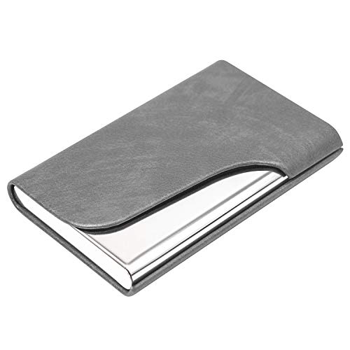 Padike Business Card Holder Leather & Stainless Steel Card Case,Business Card Case Wallet Credit Card ID Case (Gray)