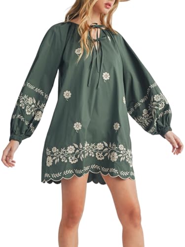Image of Joiemont Womens Embroidered Long Sleeve Mini Dress Loose Fit Vintage Embroidery Dress with Double Neckline Self Tie