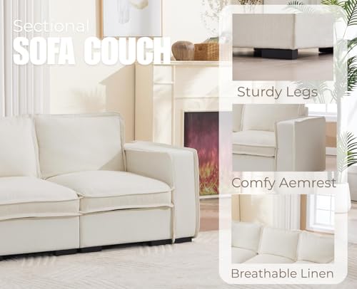 Image of EALSON 93 inch Modular Sectional Sofa Modern Comfy 3-Seater Couch Sofa Linen Fabric Cloud Couches with 24 inch Deep Seat and Wooden Legs for Living Room /Bedroom, White