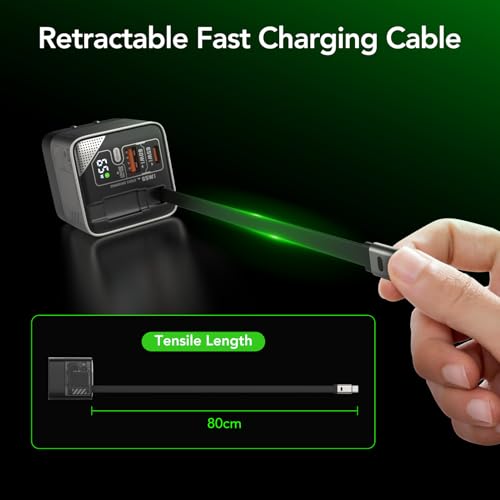 Image of MFish 65W GaN Fast Wall Charger, USB C Charger Block Built‑in 2.6ft Retractable USB‑C Cable, USB‑C & USB‑A Wall Charger with Digital Display for iPhone, iPad, MacBook, Samsung Galaxy (Space Silver)