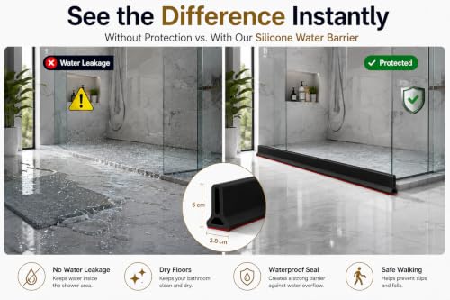 Image of Flexible Silicone Shower Water Dam (1 Meter), Collapsible Shower Threshold & Water Barrier, Self-Adhesive Water Stopper for Bathroom Floors & Kitchen Sinks (Black, 5cm Height)