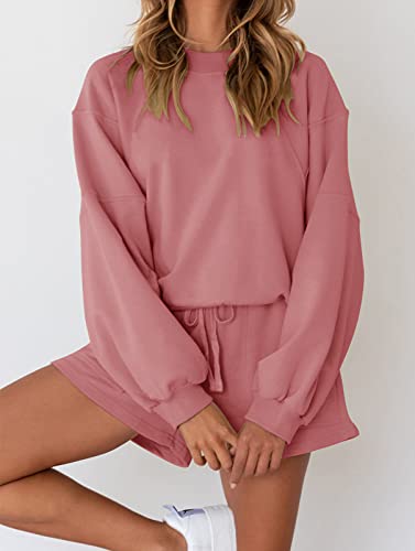 Image of MEROKEETY Women's 2023 Fall Oversized Batwing Sleeve Lounge Sets Casual Top and Shorts 2 Piece Outfits Sweatsuit