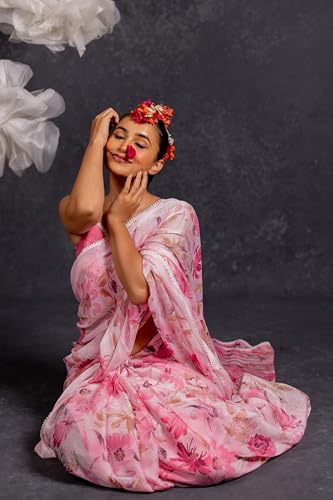 Image of MIRCHI FASHION Saree for Woman Georgette Floral and Leaf Printed | Elegant Farewell and Ceremonial Women's Sari with Blouse Piece