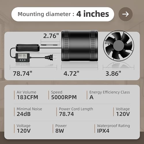 Image of 4 Inch Inline Duct Fan Kit with Timer Humidity Sensor and Temperature Remote, Quiet Ventilation Exhaust Fan for Heating Cooling Booster, Grow Tents, Boat Comes with Base Cord Screw