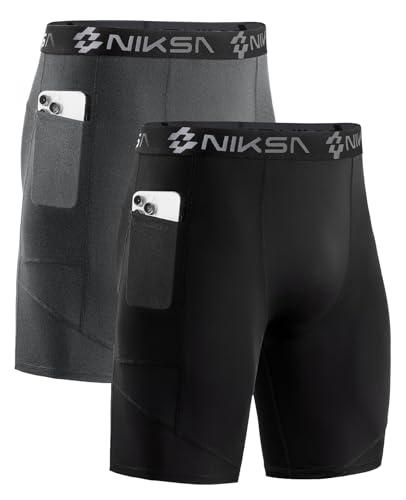 Image of Niksa 1 /2 Pack Mens Compression Shorts with Pocket, Performance Spandex Athletic Sports Workout Running Underwear Shorts