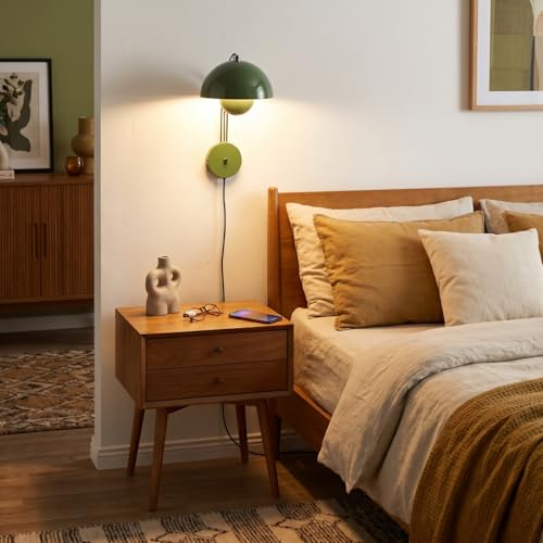 Image of Mid-Century Modern Bud Plug in Wall Sconces for Bedroom, Hunter Green | Indirect lighting reading wall lamp, all-metal construction, plug-in or hardwired install, fits bedroom bedside, living room