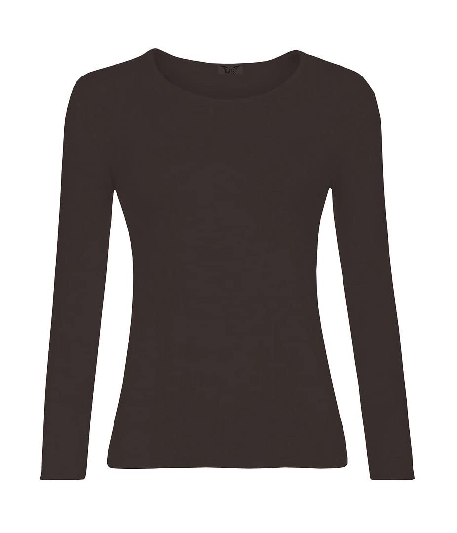 KATSSI Women’s Ladies Long Sleeve Stretch Plain Round Scoop Neck T Shirt Top XXL Brown