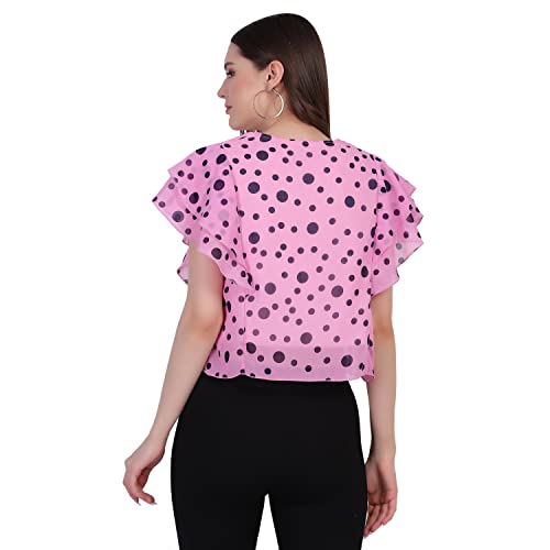 Image of Women's Pink dot Printed Ruffle Sleeve Top, Western Style, Round-Neck