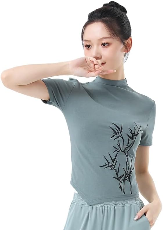 HEARTTOUCH Women Modern Dance Top Embroidery Ballet Wrap Top Chinese Style Shirts Yoga Gym Crop Tops Teen Girls Pullover