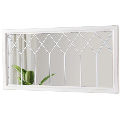 Rectangular Window Mirrors for Wall Decor 20 X 40 Inch Distressed White Farmhouse Wooden Window Pane Mirror for Living Room Rustic Horizontal Long Mirrors for Hallway Entryway