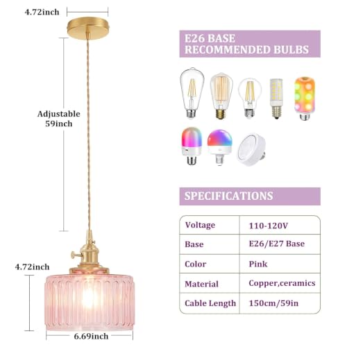 Image of Shenmoyl Pendant Light with Pink Striped Glass Lmapshade, Brass Vintage Pendant Light Adjustable Hanging Light for Kitchen Island Dining Room Hallway
