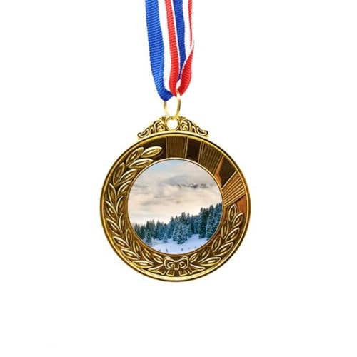 Medalla de oro Snow ry con relieve de paisaje natural y cinta de primer premio
