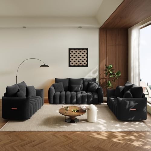 Image of OUYESSIR 3 Pieces Boucle Sofa for Living Room, Modern Deep Seat Sofa Chair & Loveseat & 3-Seater Couch, Oversized Cloud Sofa Couch Set, Comfy Upholstered Teddy Living Room Furniture, Black