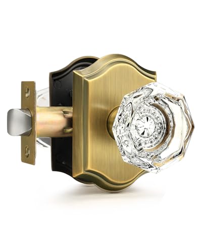 Gobrico Octagonal Diamond Crystal Doorknob in Antique Brass for Hall/Closet Passage Function for Interior Room Keyless 1 Pack