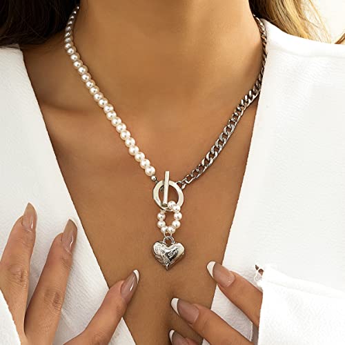 VESOCOZGSZ Dainty Half Pearl Chain Link Chunky Chain Toggle Choker Silver Gold Chain Heart Love Ring Pendant Charms Choker Necklace Gift for Her