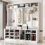 WOODTIME Extra Large Hall Tree with Bench and Shoe Storage, Multi-Purpose Entryway Bench with Coat Rack, Adjustable Shelves, 6 Double Hooks and 21 Open Compartments, White