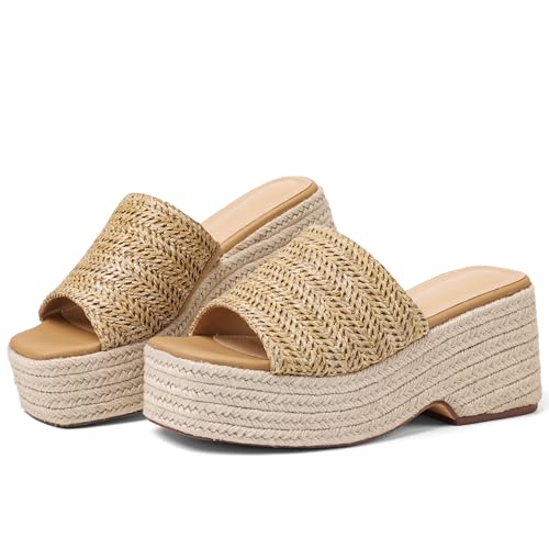 Image of EQAUDES Platform Slip on Espadrille Sandals for Women Summer Wedges Slides -Flatform, Open Toe, Bohemia, Beach, Wedding