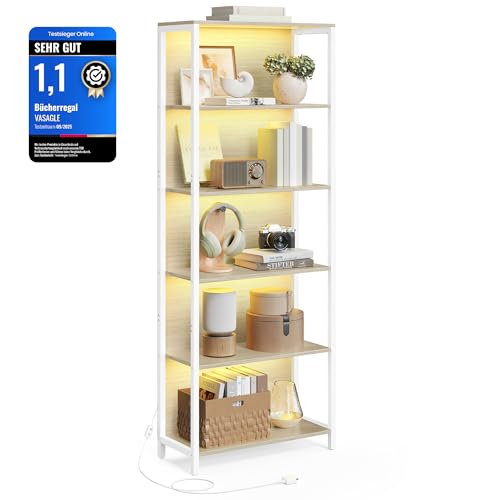VASAGLE Bücherregal mit 6 Ebenen, Standregal mit Einstellbarer LED-Beleuchtung, Regal mit Stahlrahmen, 30,3 x 60 x 178,6 cm, für Wohnzimmer, Schlafzimmer, Arbeitszimmer, naturbeige LLS120LL01