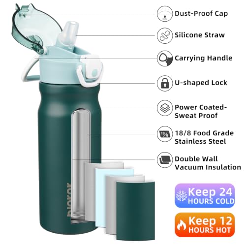 Image of BJPKPK 18 oz Water Bottle with Straw & Handle, Insulated Stainless Flask | Leak Proof Locking Lid, Thermal, Double Wall Vacuum, Keeps Hot /Cold, BPA Free, Dishwasher Safe, Travel & Sports, Army Green