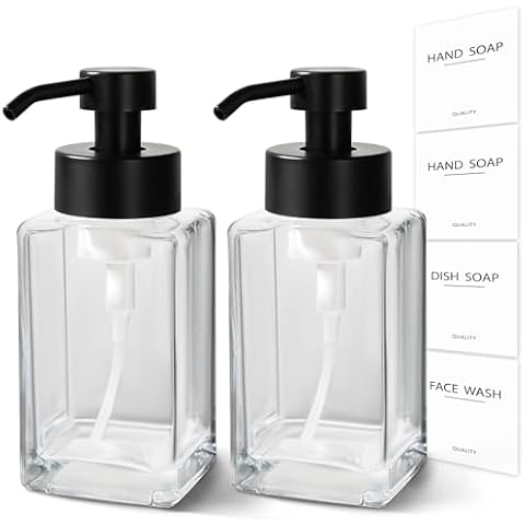 ALPIRIRAL Foaming Soap Dispenser, 12oz/350ml Glass Foaming Hand Soap Dispenser Set, 2Pcs Refillable Foam Soap Dispenser With Foaming Pump, Labels, Square Foam Soap Hand Dispenser For Bathroom, Kitchen Cover