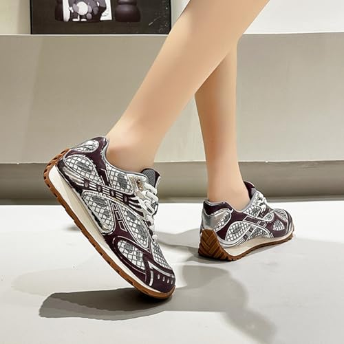 Women's Fashion Platform Oxford Trainers - Casual Lace-Up Lightweight Autumn Sneakers with Color Matching Trend, Slimming, and Versatile Flats Shoes,Red-382