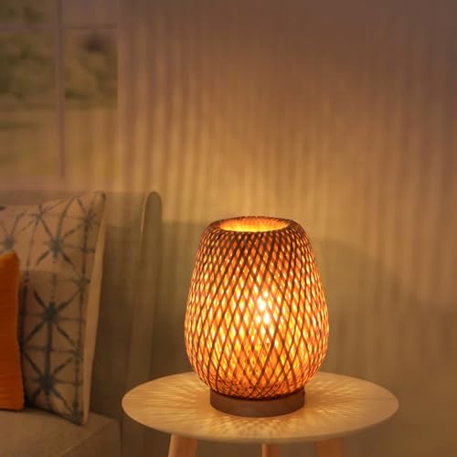 MAINDECO Boho Style Rattan Table Lamp,Dimmable Bamboo Desk Lamp,Green Bamboo