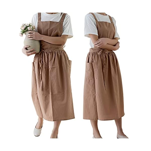 Women Cotton Linen Cross Back Apron with Pockets for Gardening Works Pinafore Dress Women Cotton Linen Cross Back Apron with Pockets for Gardening Works Pinafore Dress