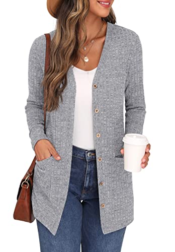 GRECERELLE Cardigan Mujer Elegante Chaqueta Punto Manga Larga Cuello en V Bolsillos Botones Estilo Largo (Gris, L)