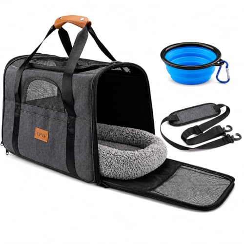 Sac Transport Chat Chien - Caisse Transport Respirant Pliable avec Matelas Moelleux + Bol - Cage Transport Animal 7kg Maximum - Ventilation Parfaite - Approuvé...