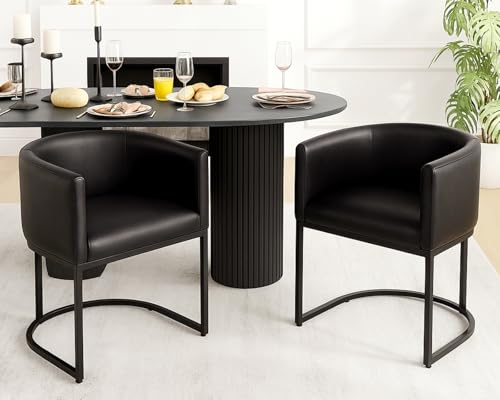 Image of HNY Mid Century Modern Upholstered Barrel Black Dining Chairs with Arms Set of 2, Leather Kitchen & Dining Room Chairs, 18.5 inch Wide Accent Chairs for Dining Room Living Room with Black Metal Frame