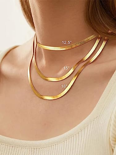 FOCALOOK 14K Gold Plated Necklaces for Women, Fashion Herringbone Choker Necklace Stainless Steel Flat Snake Chain 3/5MM(W) 12.5"/15"/18"+3.5"(L)2