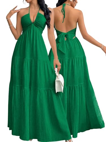 Image of Narecte Women's Maxi Summer Dresses Halter V Neck Beach Dresses for Women A-Line Casual Dress for Vacation