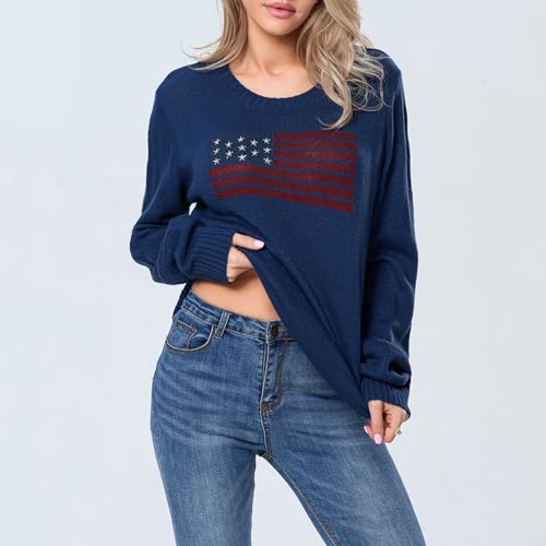 Image of Womens American Flag Sweater Long Sleeve Crew Neck Star Graphic Knit Pullover Tops Casual Loose USA Sweater