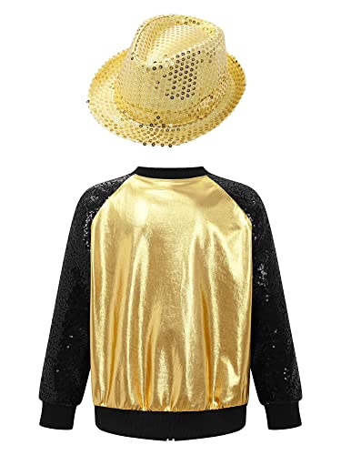 Hularka Kids Girls Boys Sparkle Metallic Long Sleeve Bomber Jacket Coat Jazz Street Dance Top Outwear with Hat Set2