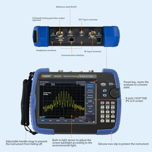 OWON HSA032-TG Handheld-Spektrumanalysator mit Tracking-Generator, Frequenzbereich 9 kHz bis 3,2 GHz, EMI-Pre-Compliance-Testkit mit 8-Zoll-IPS-LCD-Touchscreen-Display