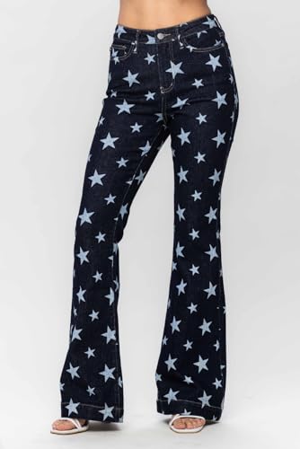 Judy Blue Women's High Waist Star Print Flare Jeans - Stretchy Denim with Vintage Vibe -886624