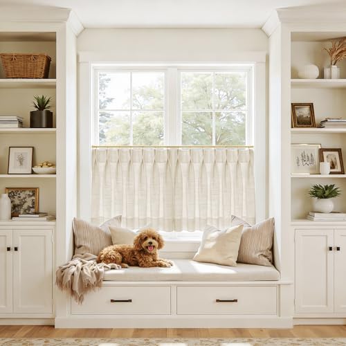 Image of TWOPAGES 42 inch inch W x 45 inch inch L Linen Blend Cafe Curtains for Kitchen Window, Light Filtering Pinch Pleated Tier Curtains, Modern Farmhouse Half Window Curtains for Bathroom, Sand Beige, 2 Panels