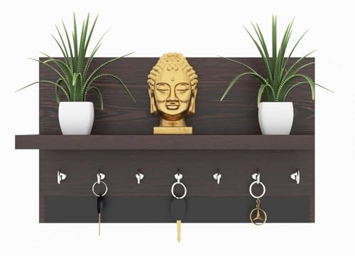 Wall Mounted Key Holder Shelf with 7 Hooks, Black Wood Finish, Sp...