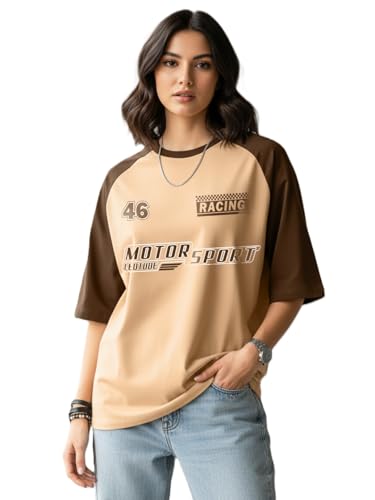 Image of LEOTUDE Oversized Half Sleeve Cottonblend Tshirt for Women, Round Neck Longline Printed Colour Blocked Baggie T-Shirt (Color: Beige)