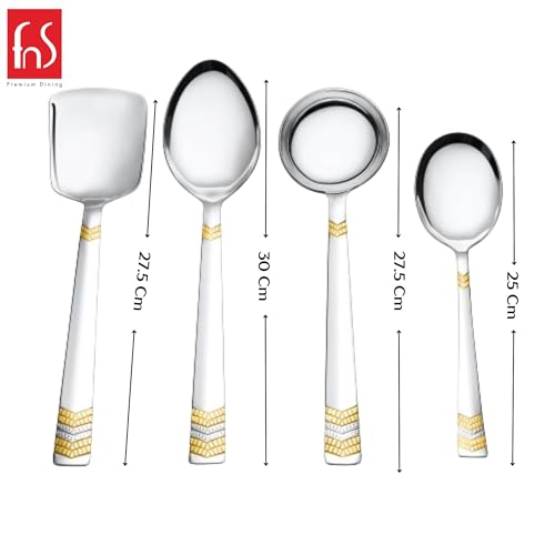 Image of FnS 4 Pieces Stainless Steel Serving Set | 1 Rice Spoons, 1 Veg Serving Spoon, 1 Soup Ladle (Karchi) & 1 Serving Spoon | Premium 24 Karat Gold Plated for Home, Kitchen & Dining Table (Raga Design)