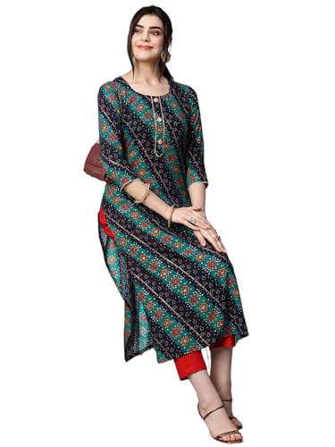 Image of GoSriKi Women's Cotton Blend Straight Printed Kurta with Pant Set