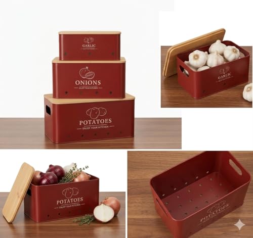 Image of 3 Pieces Potato Onion Storage Bin Sturdy for Kitchen Counter Farmhouse Decor white|Home & Garden | Kitchen Storage & Organization |3 Food Storage Containers (Red)
