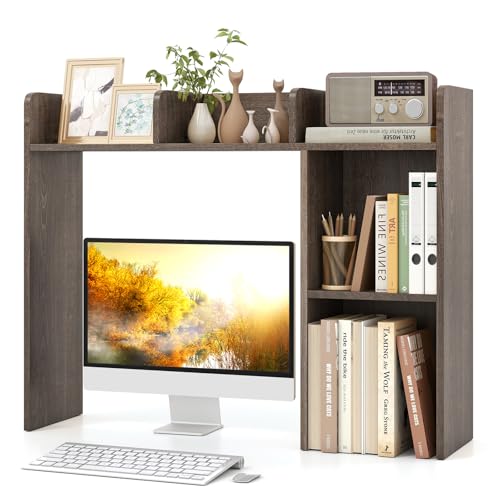 Image of Tangkula Desktop Bookshelf, Countertop Storage Hutch with Shelves for Computer Desk, Desk 3-Tier Display Rack, Multipurpose Wood Desktop Hutch Storage Organizer for Dorm Office