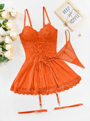 Image of Lilosy Sexy Garter Belt Mesh Lace Babydoll Lingerie Dress Set with Thong