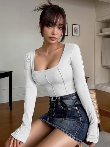 Image of Sugathari Women's Black Solid Long Sleeve Wrap-Style Square Split Crew Neck Bodycon Women T-Shirt Spring and Summer Top, Minimalist and Fashionable for Everyday Casual Wear Tops (T-Shirt 181)
