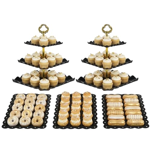 NWK 5 Piece Cake Stand Set with 2 x Large 3-Tier Cupcake Stands 3 x Appetizer Trays for Wedding Birthday Baby Shower Tea Party Decorations (Black)