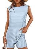 Glamaker Women's Two Piece Summer Sets Striped Casual Sleeveless Sweater 2 Piece Maternity Sets Travel Outfits (Striped Light Blue L)