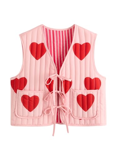 MakeMeChic Women's Heart Print Sleeveless Quilted Puffer Vest V Neck Crop Outwear Vests Pink Medium