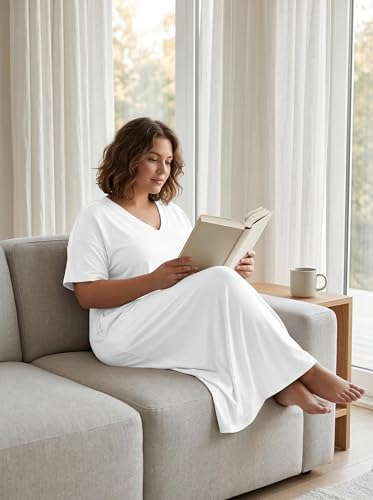 Image of SUZONANA Women Casual T-Shirt Dress V Neck Short Sleeve Solid Color Oversize Dress with Front Two Pockets